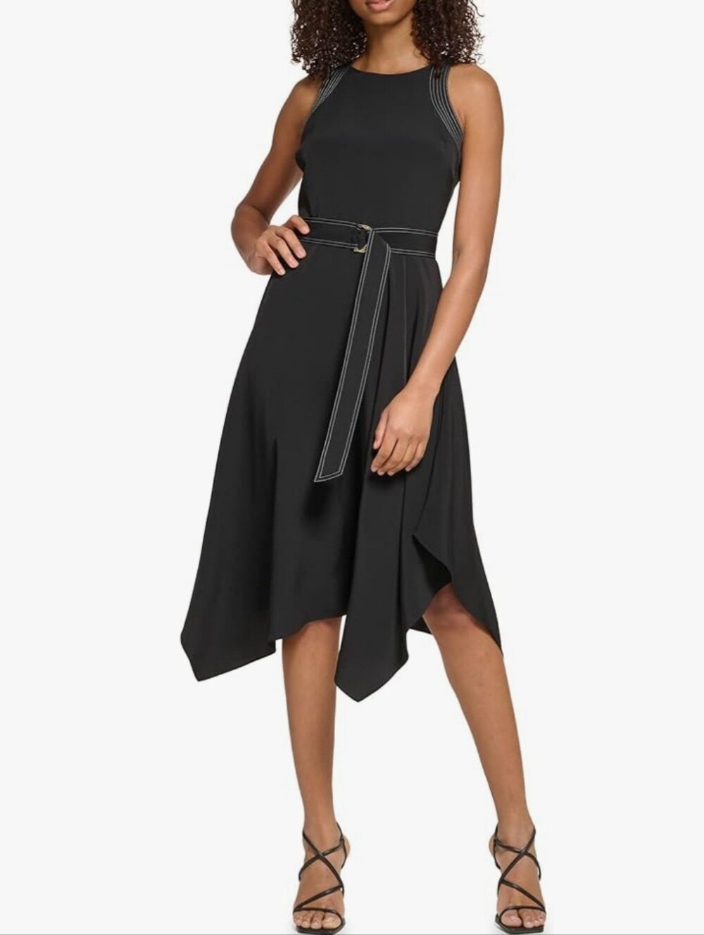 Karl Lagerfield Black Belted Midi Cocktail Dress Handkerchief Hem Size 10